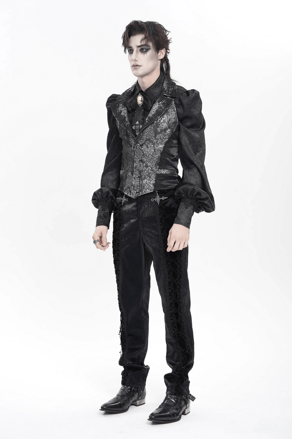 Black silver gothic waistcoat diagonal silhouette lace details and structured brocade construction