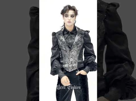 Black silver gothic waistcoat close-up detail puffed sleeve patterned brocade fabric