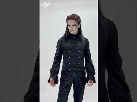 Black slim-fit gothic waistcoat with high stand collar and double-breasted metal buttons on male model