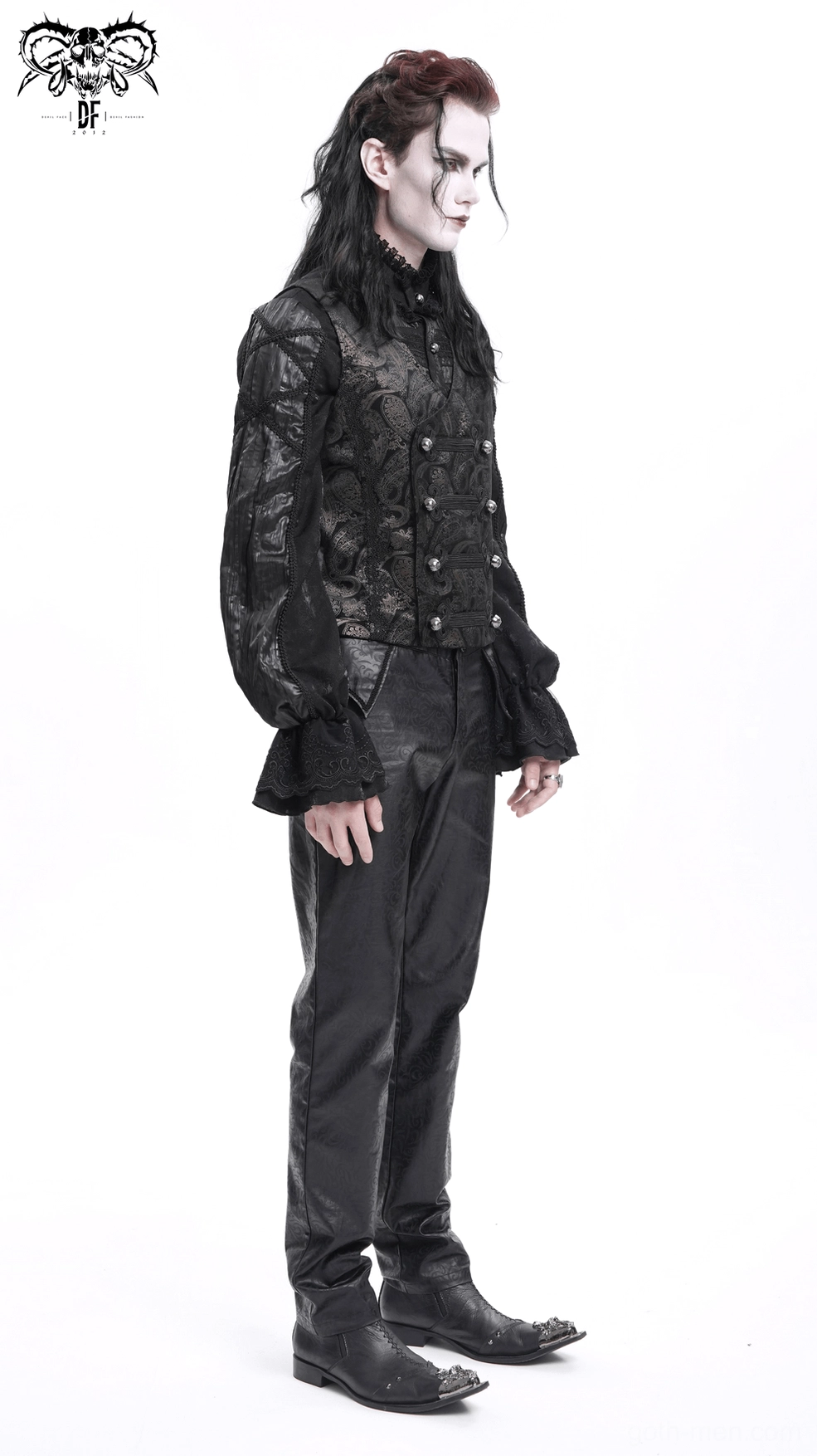 Black paisley gothic waistcoat displaying slim-fitting silhouette with ornate button detailing