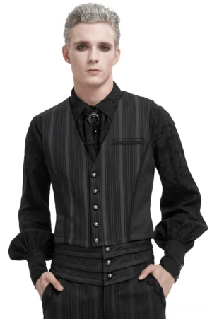 Black striped gothic waistcoat with detachable swallow tail front view on model