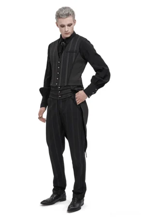 Black striped gothic waistcoat full body side view with detachable tail and matching trousers