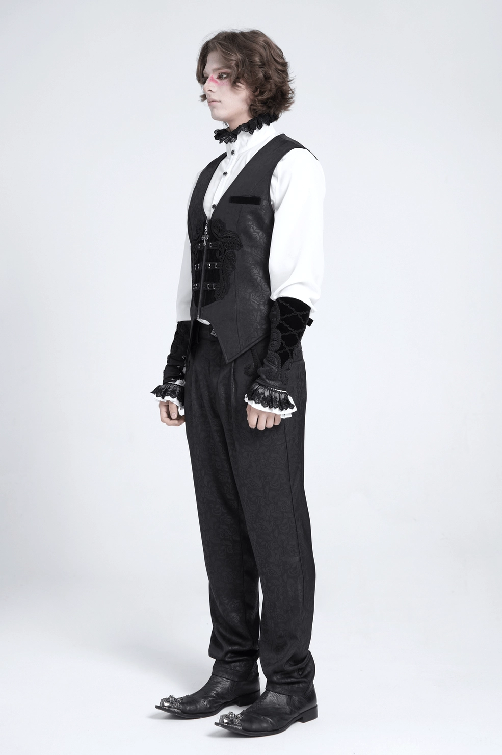 Gothic waistcoat structured fit showing sharp shoulder definition and V-neckline silhouette