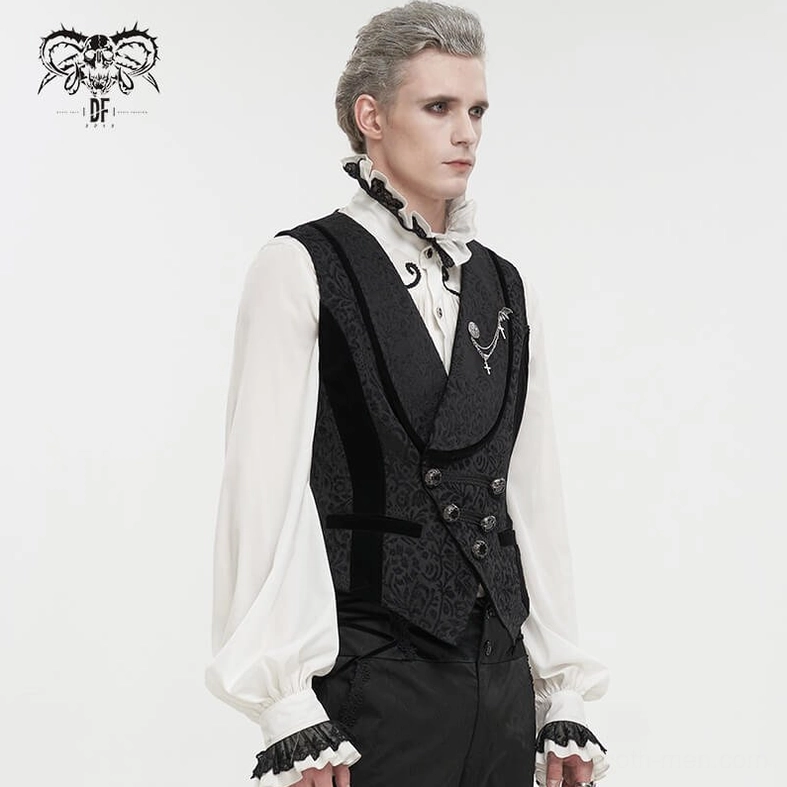 Alternative angle of black gothic waistcoat showing structured silhouette, jacquard weave, and overall design aesthetic