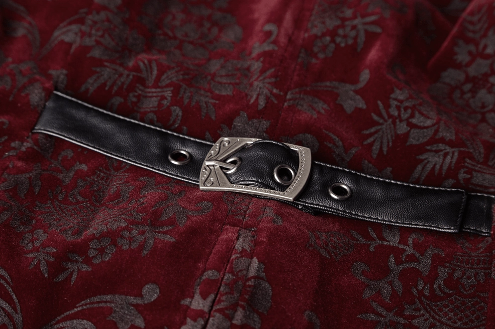 Wine red gothic damask velveteen waistcoat styled with alternative fashion accessories and gothic aesthetic