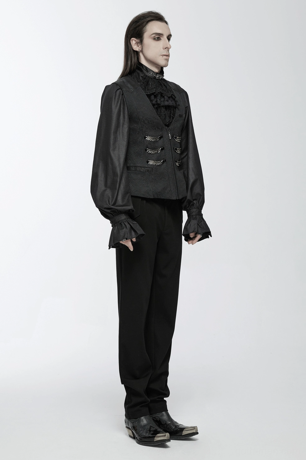 Black gothic waistcoat styling guide showing layering possibilities with dark alternative fashion aesthetic and formal presentation