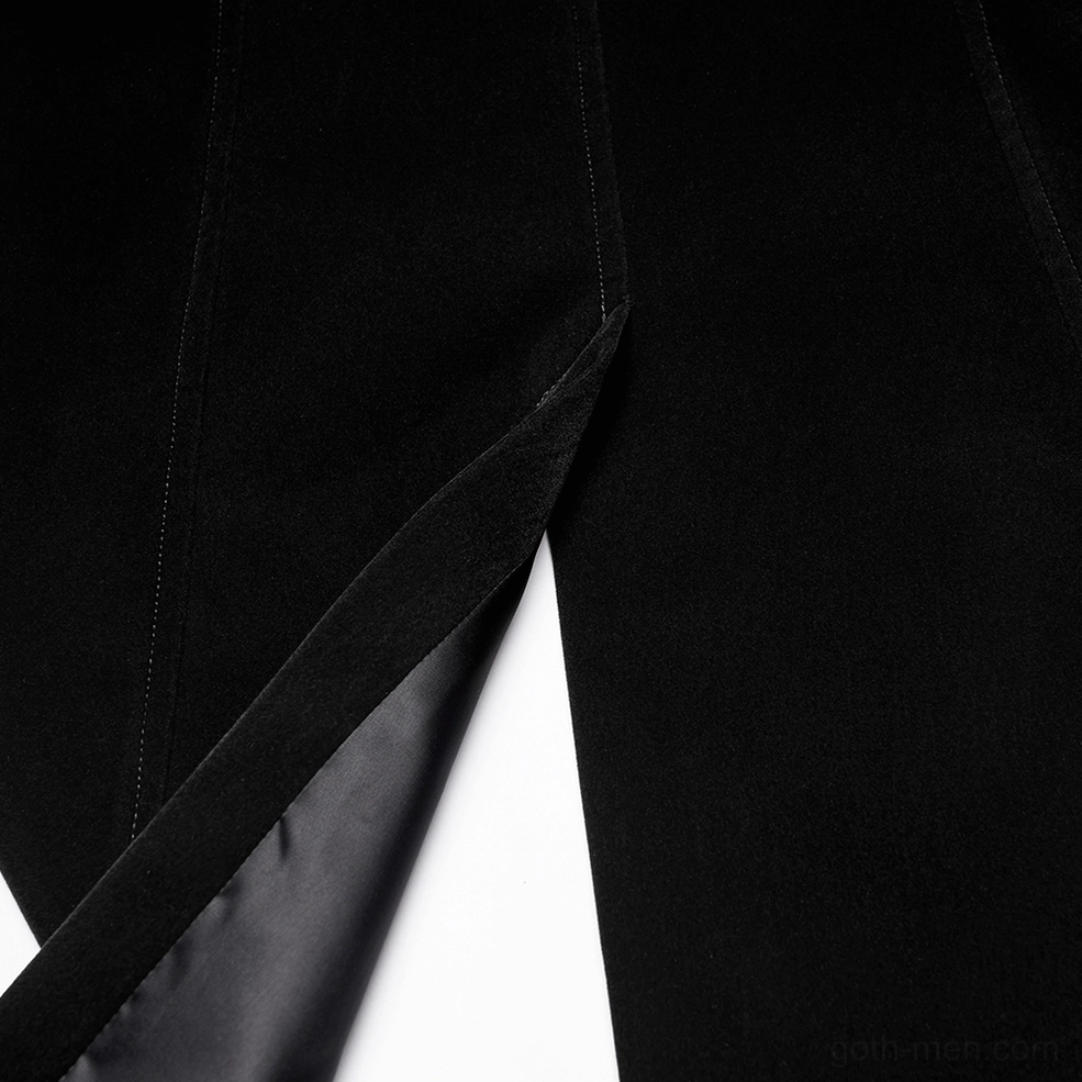 Split tailcoat hem detail with satin lining on black velvet gothic waistcoat