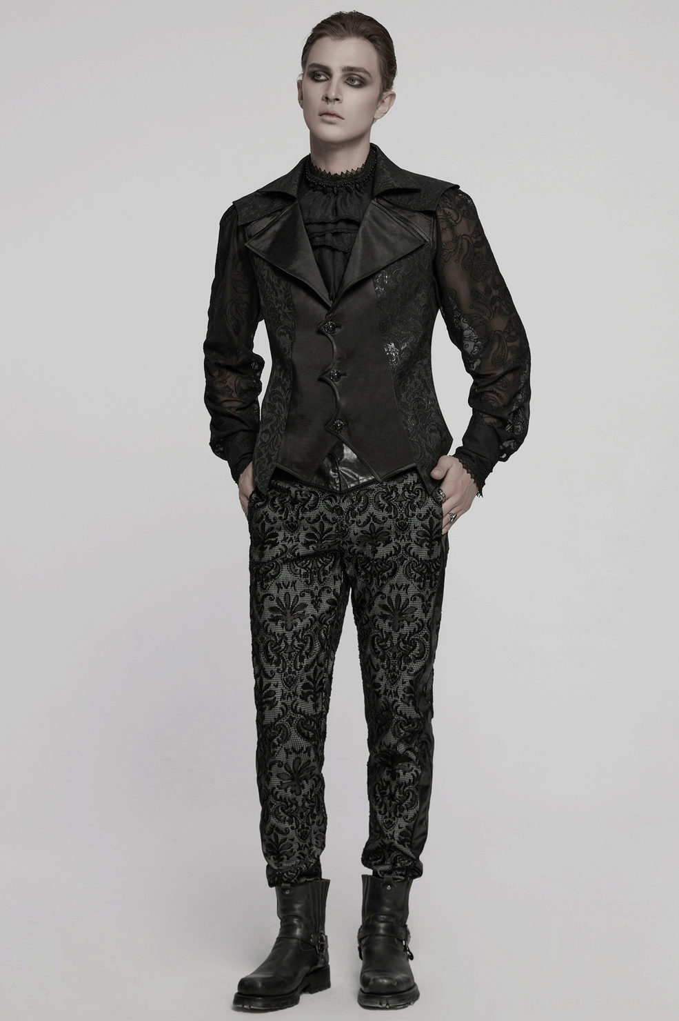 Black gothic waistcoat detail view showcasing the precision tailoring, notched lapel construction, and refined finishing of this statement piece