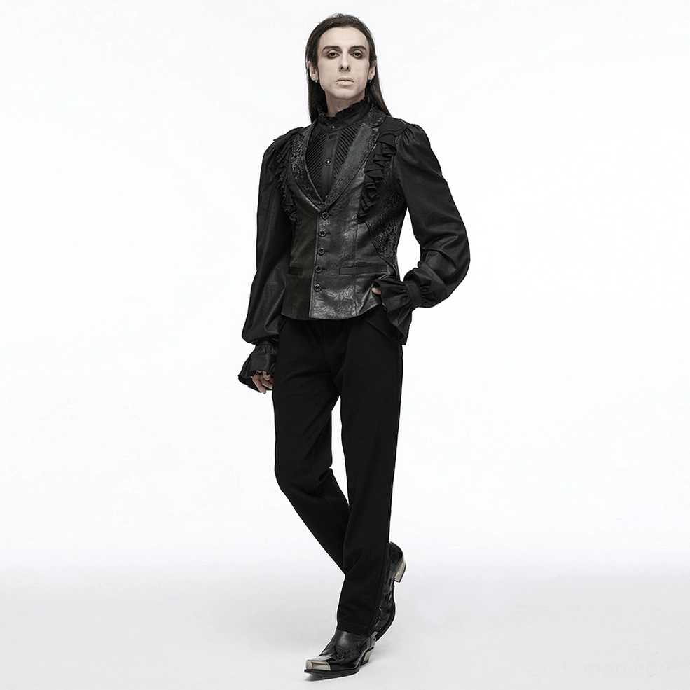Black jacquard gothic waistcoat showcasing embossed texture and 3D ruffled design elements in studio lighting