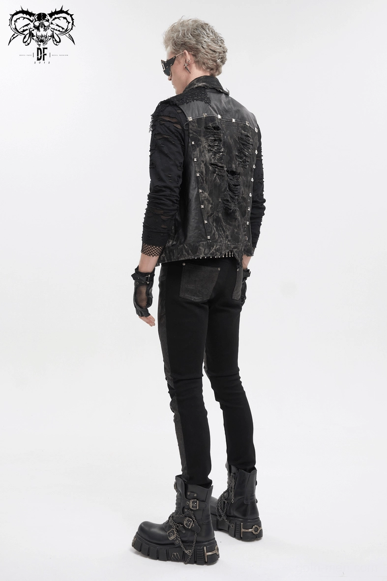 Black distressed gothic waistcoat rear three-quarter view with deconstructed hem styling