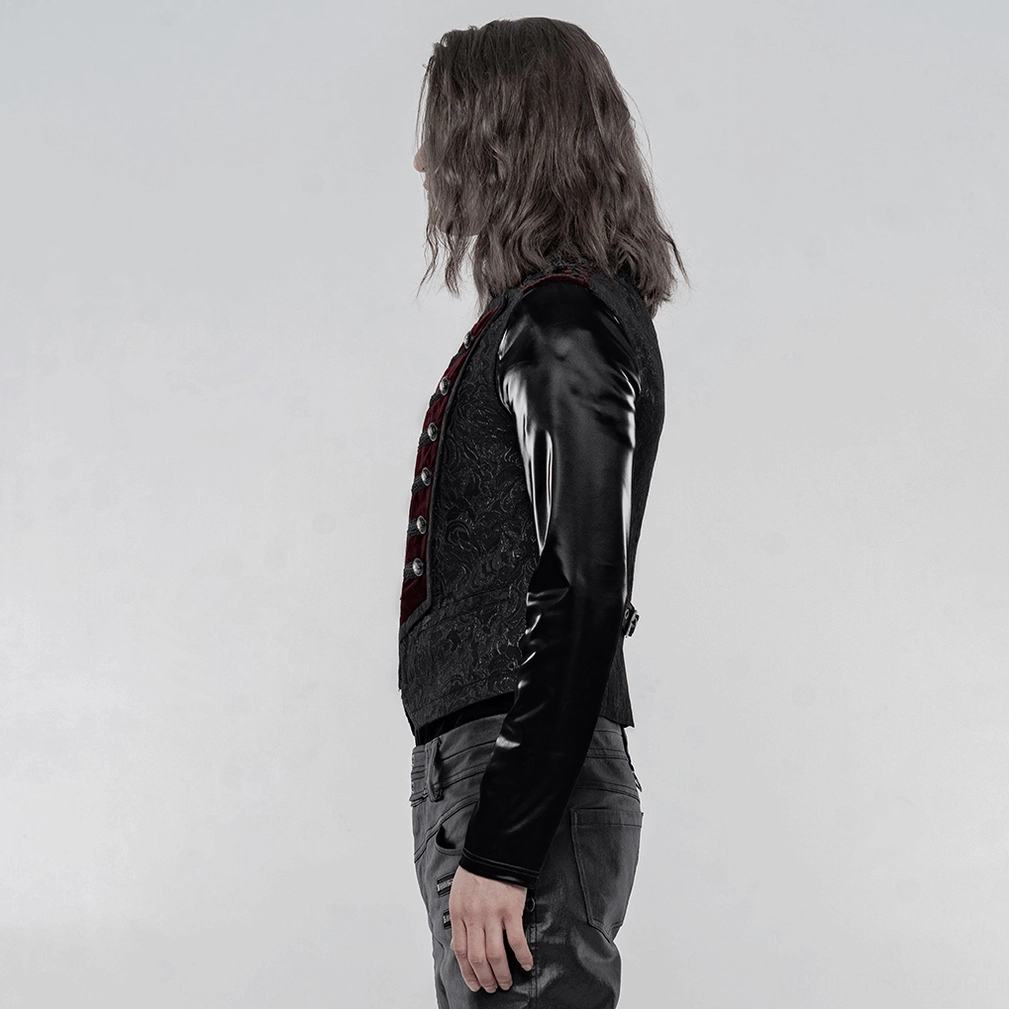 Three-quarter angle view of black jacquard gothic waistcoat on model showcasing fitted silhouette