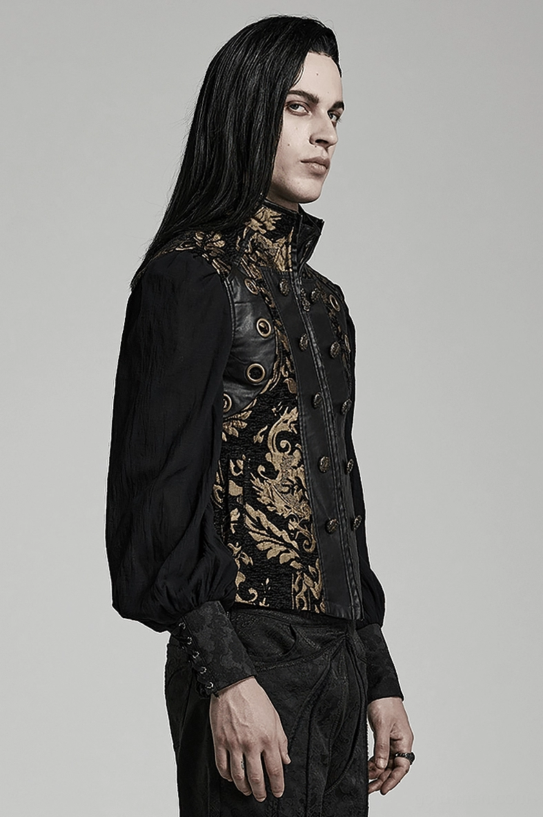 Black and gold damask gothic waistcoat three-quarter view showing side structure and eyelet details
