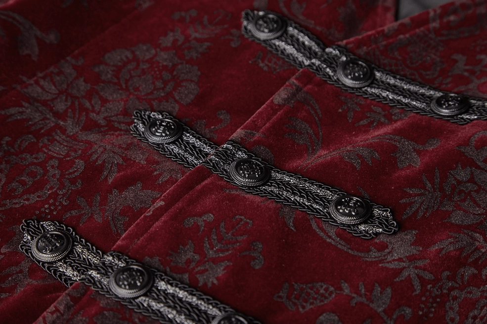 Fastener detail close-up of gothic waistcoat showing braided toggle straps with metal button attachments