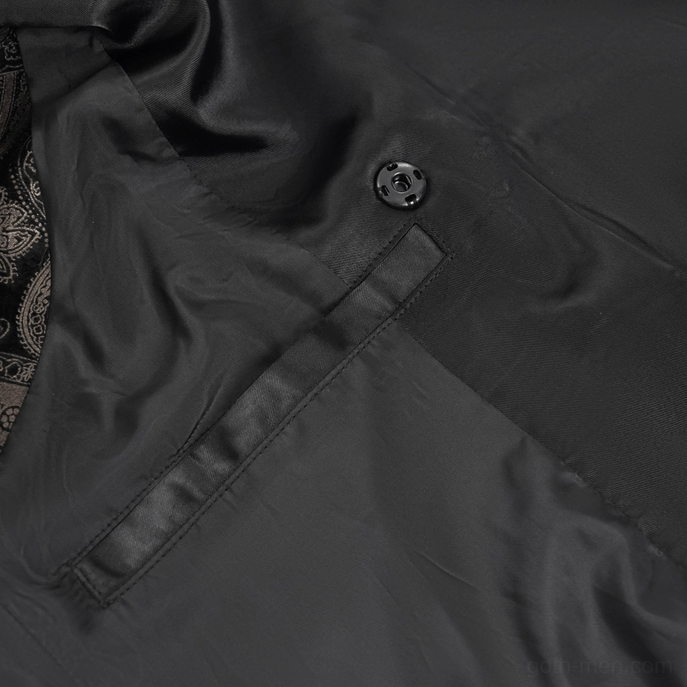 Gothic waistcoat showing V-neck silhouette with silver metal dome buttons and frog closure system