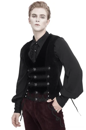 Men's black velvet gothic waistcoat with asymmetrical lace and ornate buttons - front three-quarter view on model
