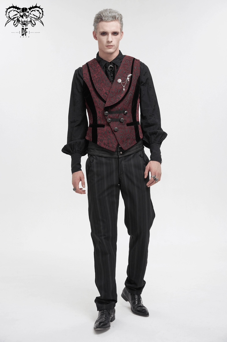 Gothic waistcoat velvet side trim and damask weave textile close-up showing premium fabric composition