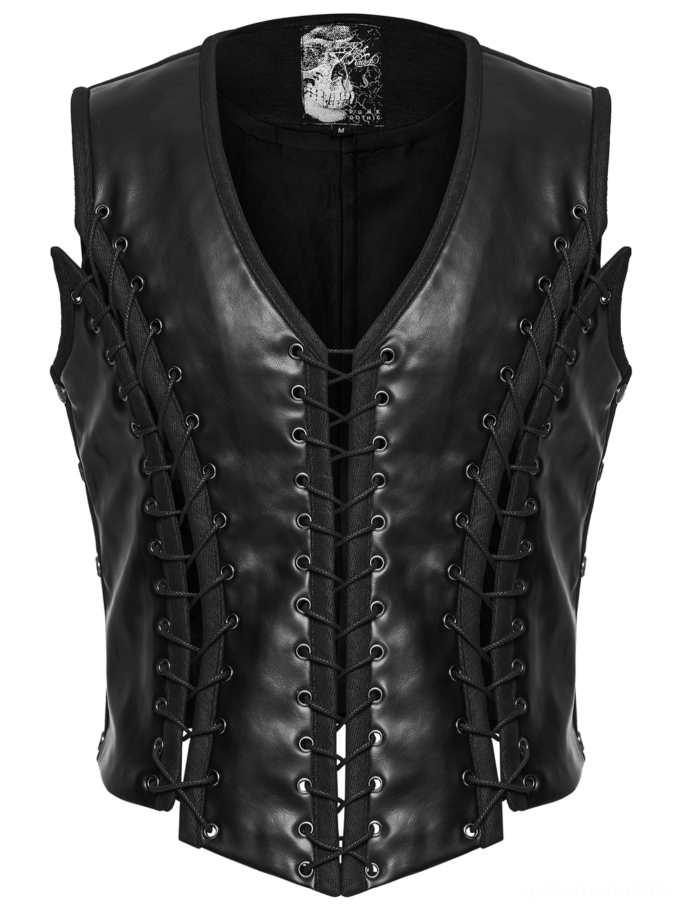Black faux leather gothic waistcoat front flat lay showing V-neck lace trim detail