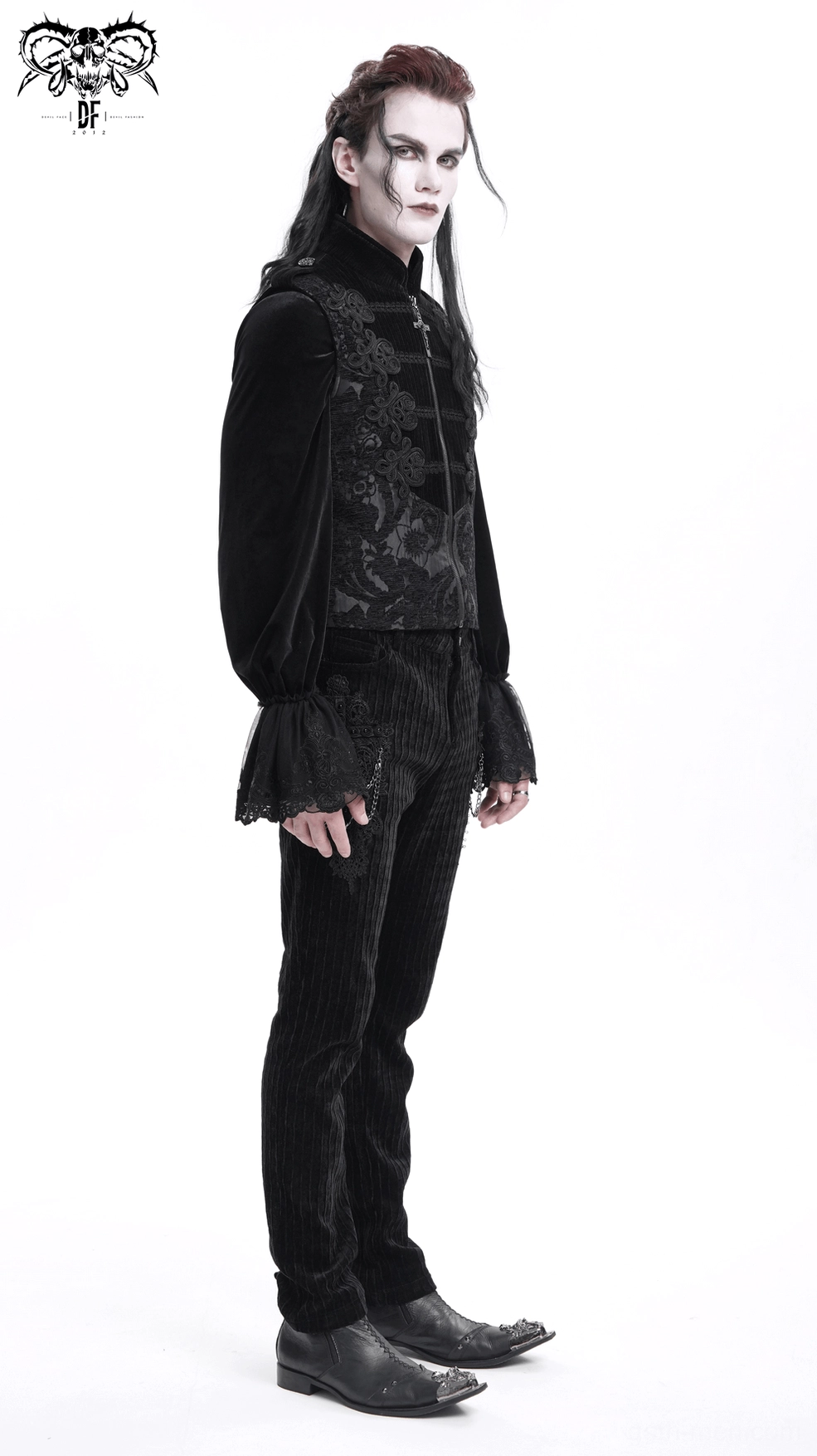 Gothic black waistcoat waist belt buckle and side seam construction detail
