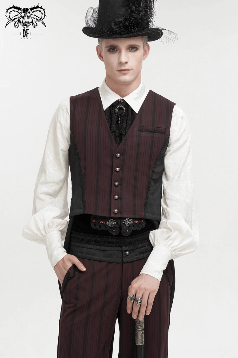 Detailed view showcasing wine red and black stripe composition and fabric quality of gothic waistcoat