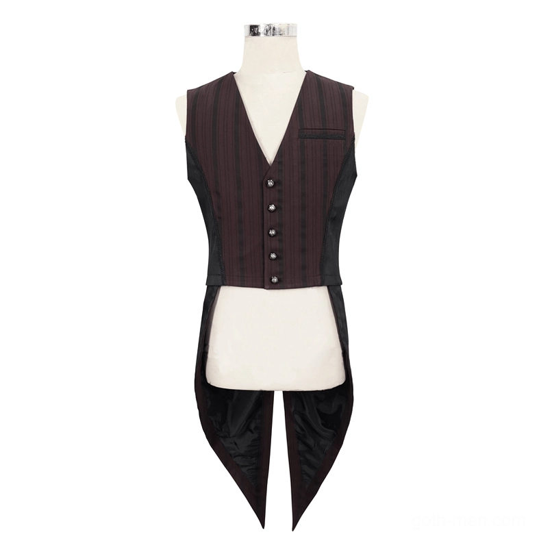 Front static view of burgundy and black striped gothic waistcoat on dress form showing V-neck, button front, and detachable swallow tail