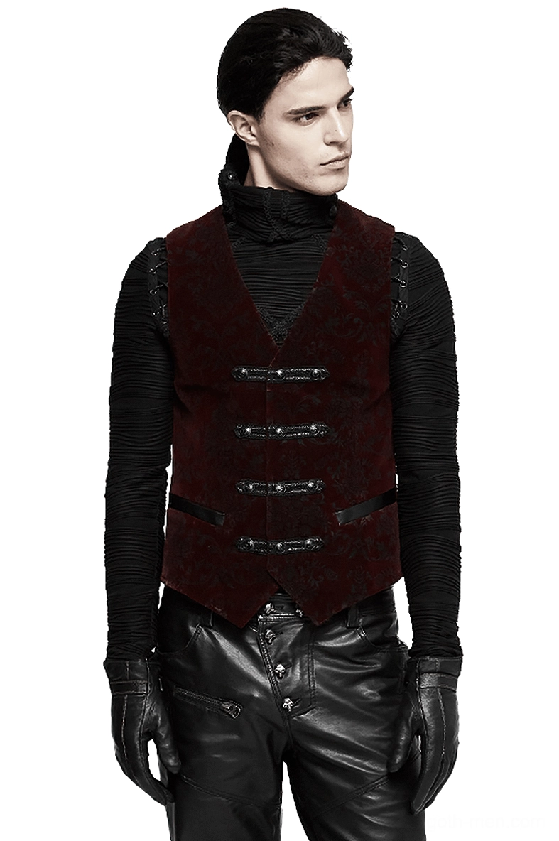 Wine red damask velveteen gothic waistcoat front three-quarter view on male model with braided toggle closures and intricate damask print