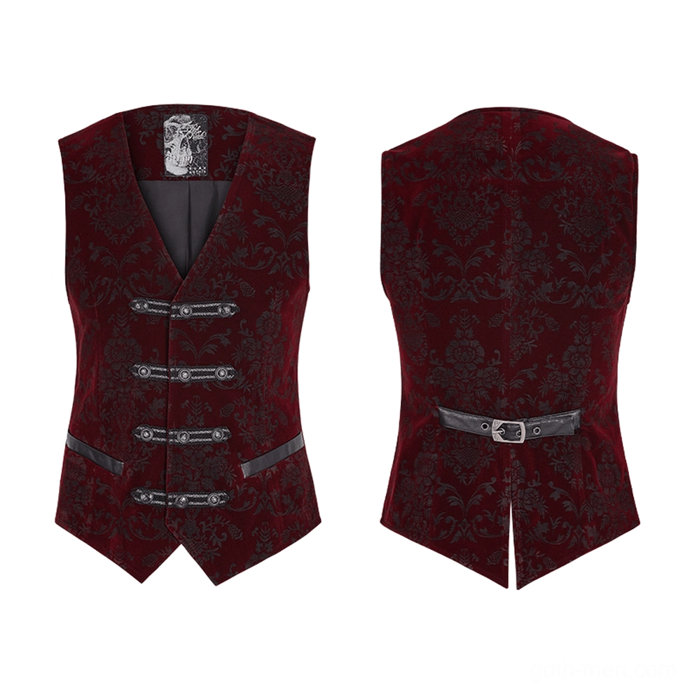 Wine red gothic waistcoat damask velveteen flat lay front and back view showing full design and construction