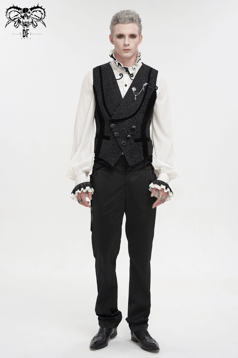 Black gothic waistcoat displayed on model showing how jacquard pattern catches light and metal hardware gleams
