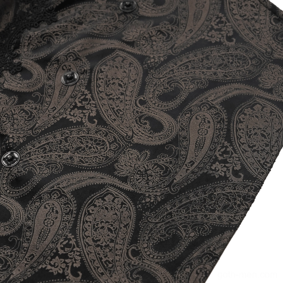 Black gothic waistcoat paisley pattern detail with woven jacquard texture and ornate button embellishment