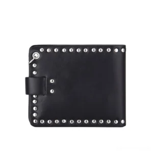 Punk leather wallet back design with silver rivet trim details