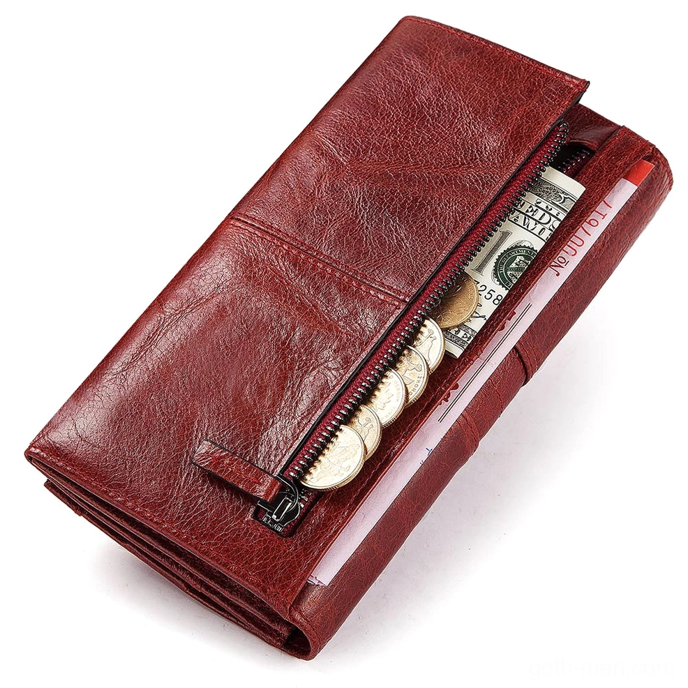 Genuine cow leather gothic wallet clutch demonstrating card holder and note compartment functionality for alternative fashion enthusiasts
