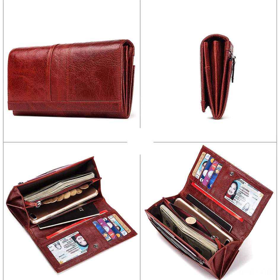 Genuine leather gothic long wallet clutch interior layout featuring cell phone pocket and dedicated card slots for modern lifestyle
