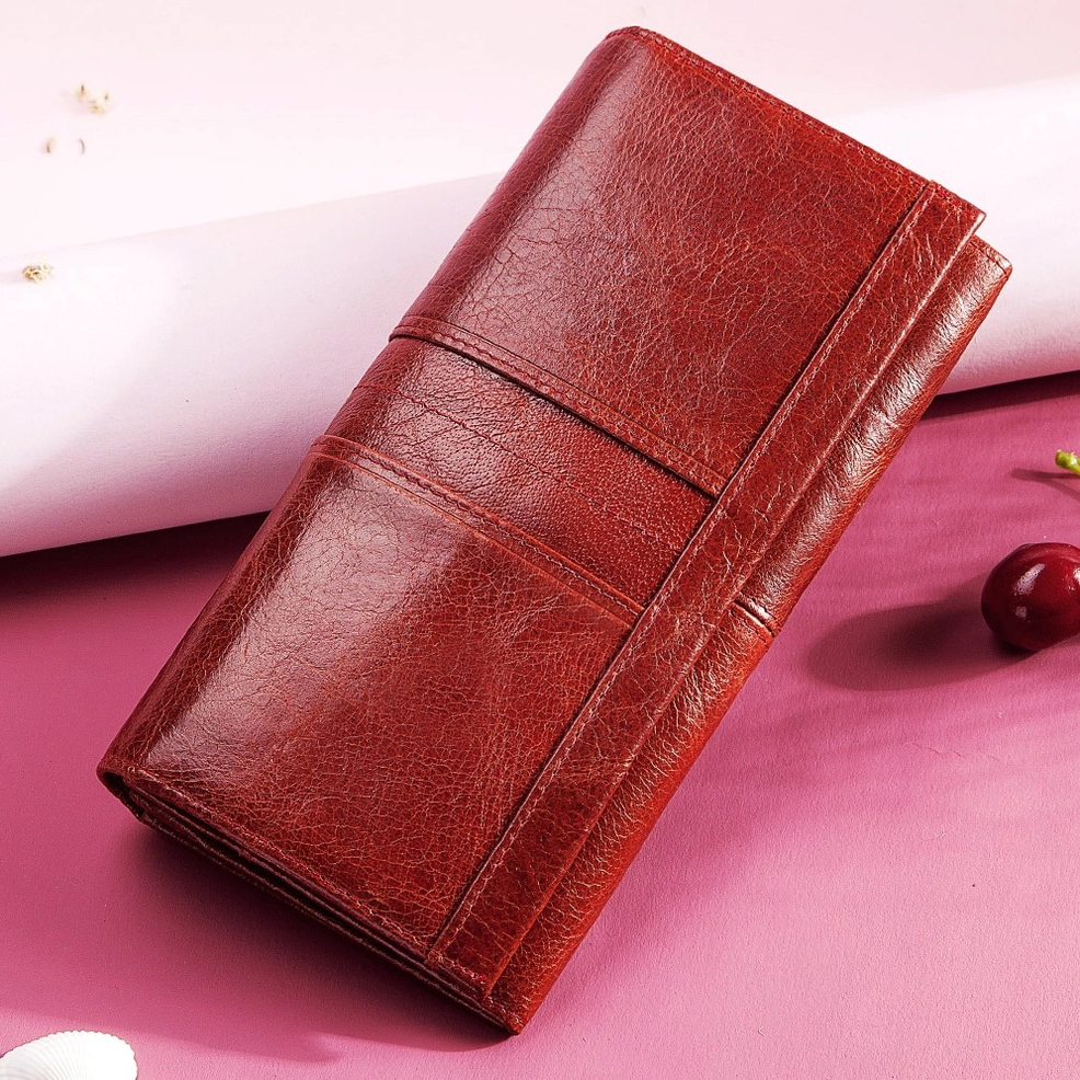 Long gothic leather wallet clutch showcasing cracked texture aging patina and horizontal stripe embellishments, perfect for dark aesthetic enthusiasts
