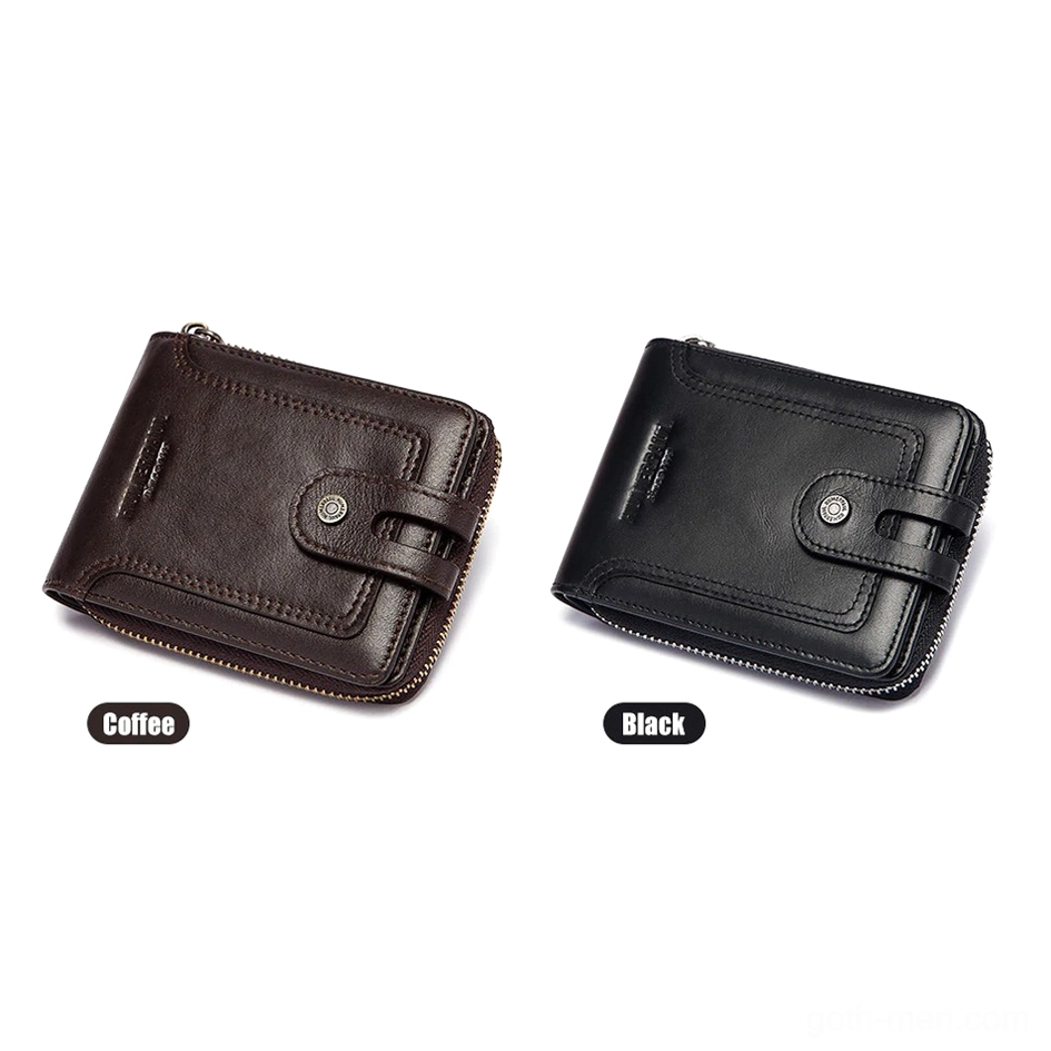 Color comparison black and coffee brown genuine leather wallets side by side, identical gothic design