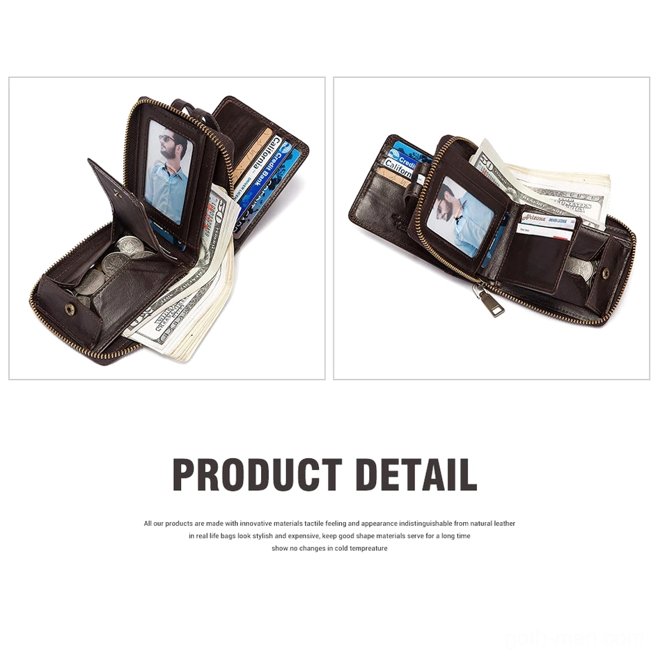Men's compact leather wallet functional display with currency cards and coins stored securely