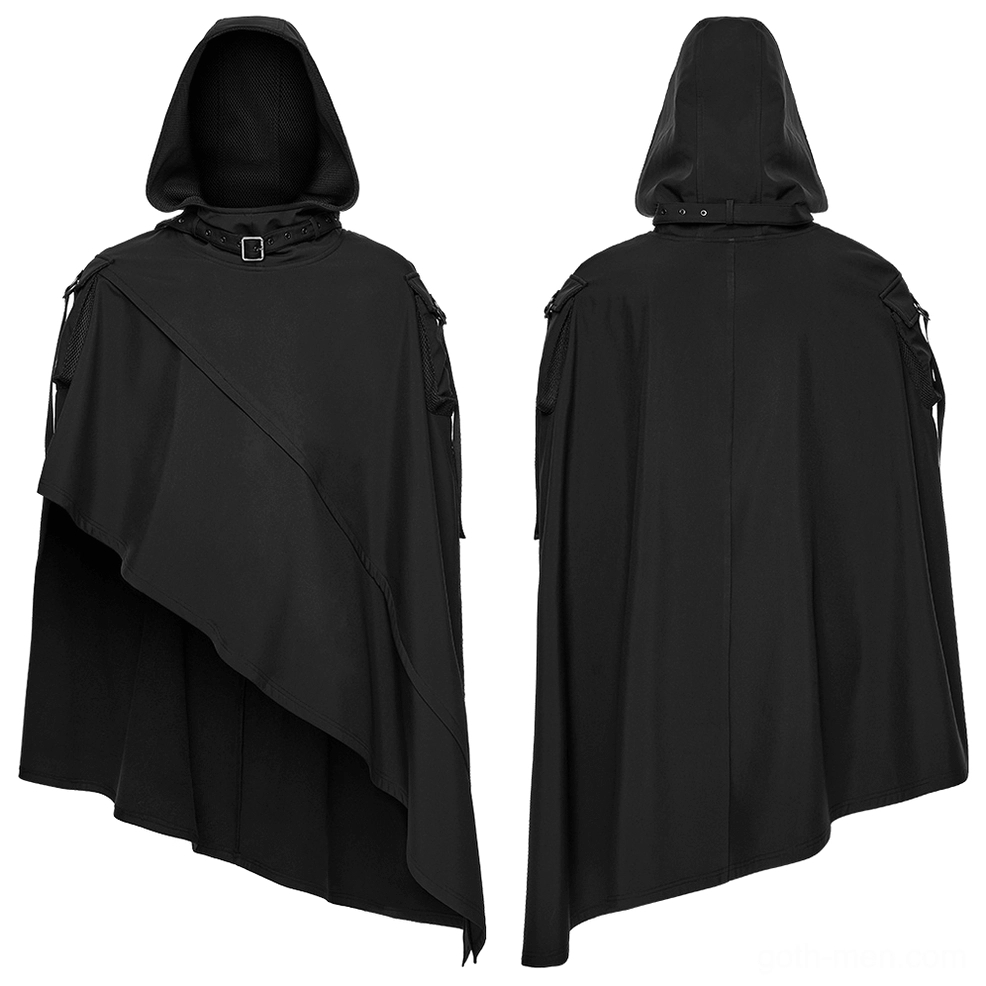 Hooded gothic techwear cape flat lay front and back views showing asymmetric design, metal collar buckle, and full silhouette