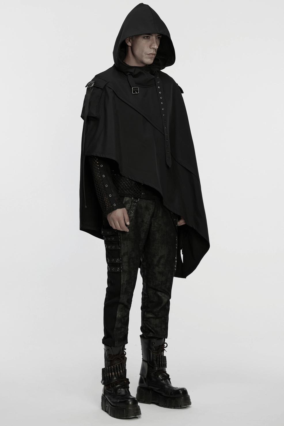 Black gothic wasteland cape displaying full length asymmetric hem, waterproof fabric texture, and structured silhouette