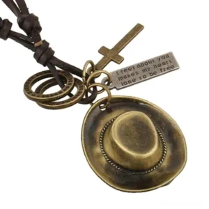 Western-style cowboy hat pendant with wide brim design, silver-gray vintage metal finish, rope chain necklace detail