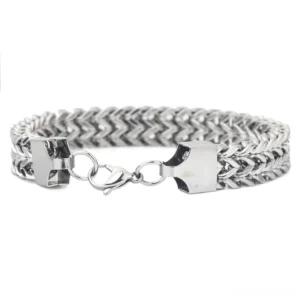 Wheat chain gothic bracelet side profile view displaying secure lobster claw clasp and refined chain texture