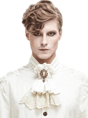 Men's Gothic White Lace Jabot Tie with Vintage Brooch - Front View on Model