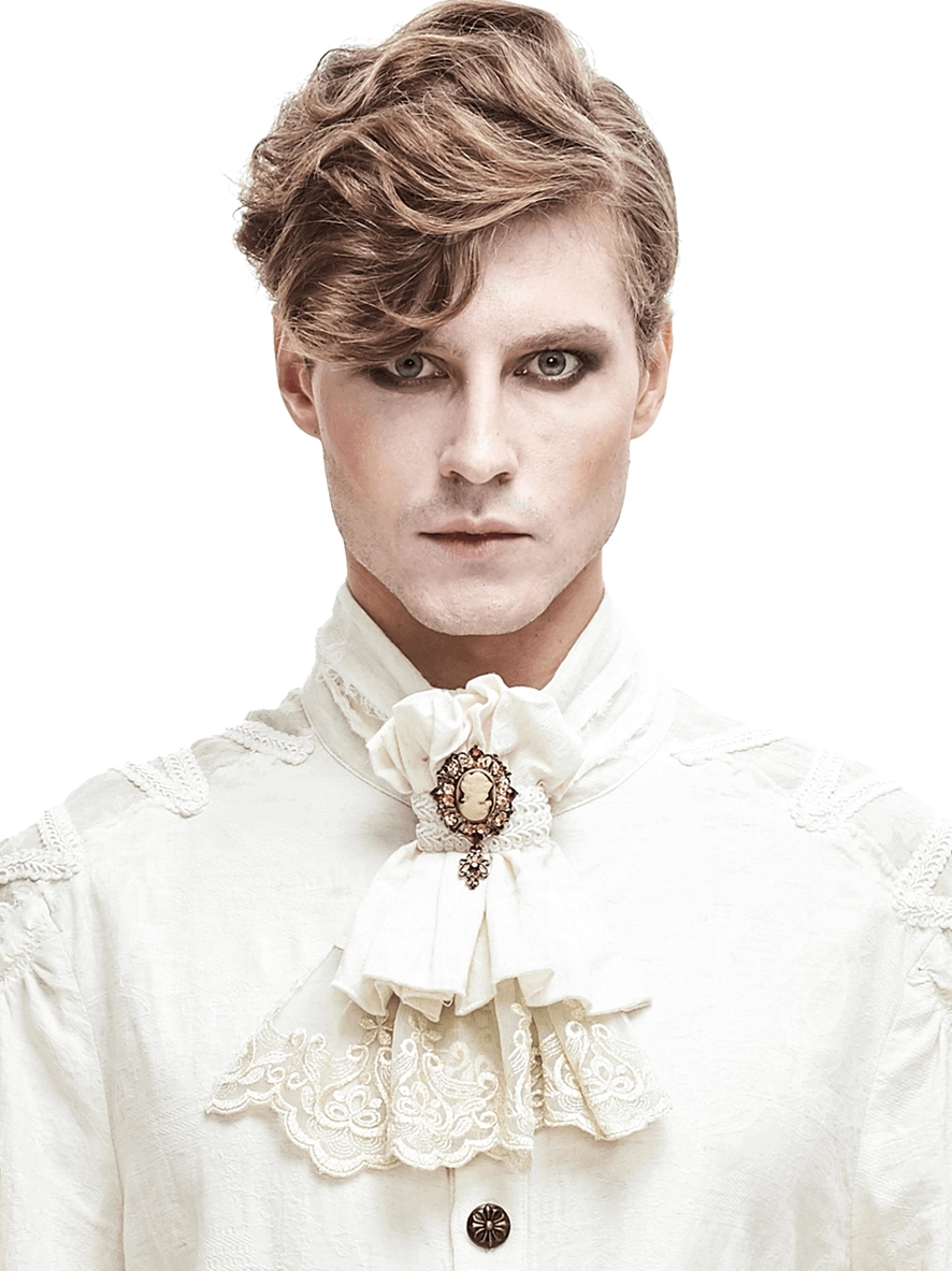 Men's Gothic White Lace Jabot Tie with Vintage Brooch - Front View on Model