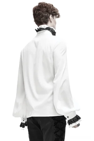Men's romantic gothic white shirt with bishop sleeves and black lace ruffled cuffs - rear back view