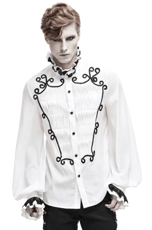Victorian gothic white lace shirt for men with black ruffled collar, pleated front panel, bishop sleeves, and scroll embroidery - front full view