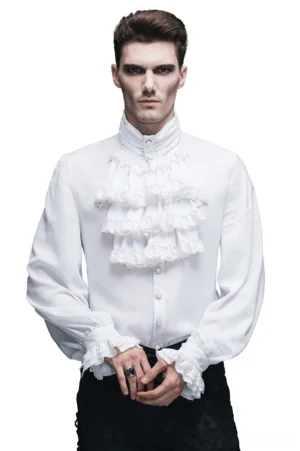 White gothic ruffled dress shirt with elaborate lace collar trim, worn by male model in front view