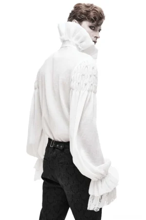 Gothic white blouse back three-quarter view showing gathered stand collar and lantern sleeves with black patterned pants