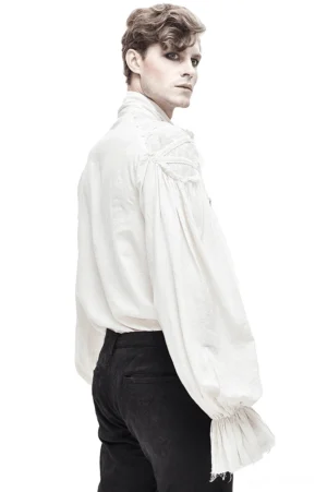 Gothic white shirt rear angle view showing ruched shoulder seams and billowy long sleeves
