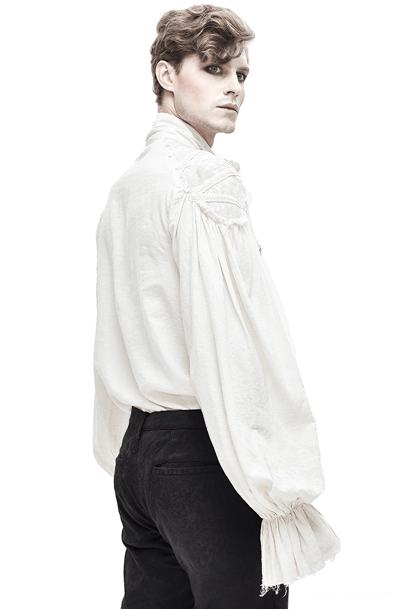 Gothic white shirt rear angle view showing ruched shoulder seams and billowy long sleeves