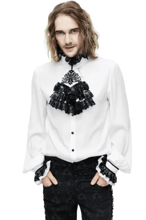 White gothic stand-collar men's shirt with black lace jabot front view on model with long hair