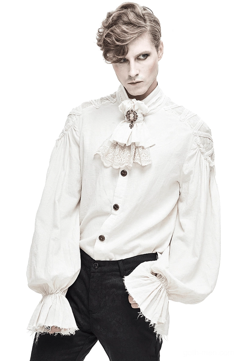 Vintage white gothic shirt front view with stand collar, frayed flared cuffs, and embossed metal buttons on male model