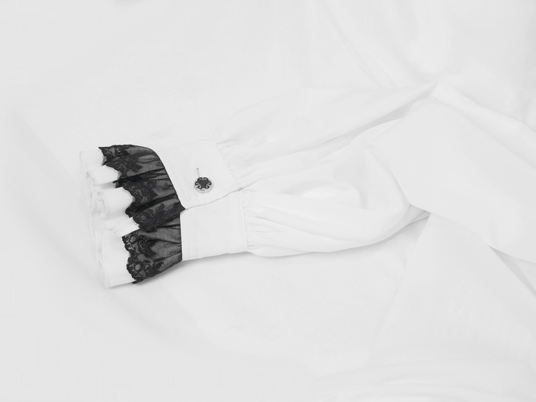 Black layered lace ruffle cuff detail on white gothic shirt for men with button closure