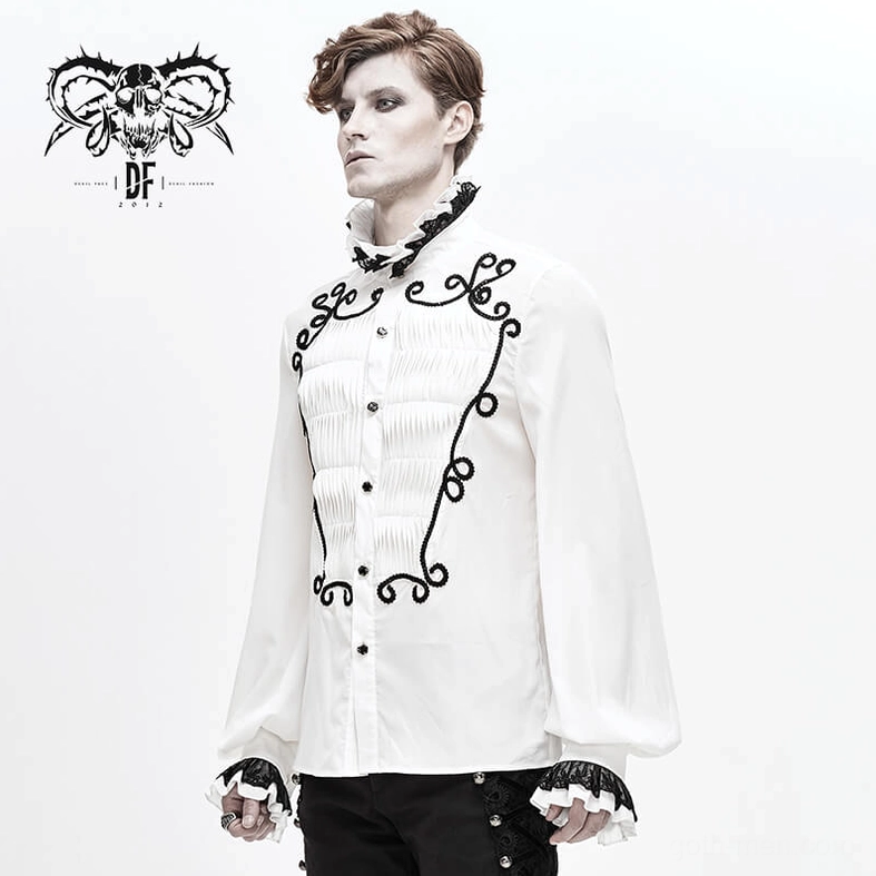 Close-up view of white gothic shirt's pleated front panel and black lace collar construction
